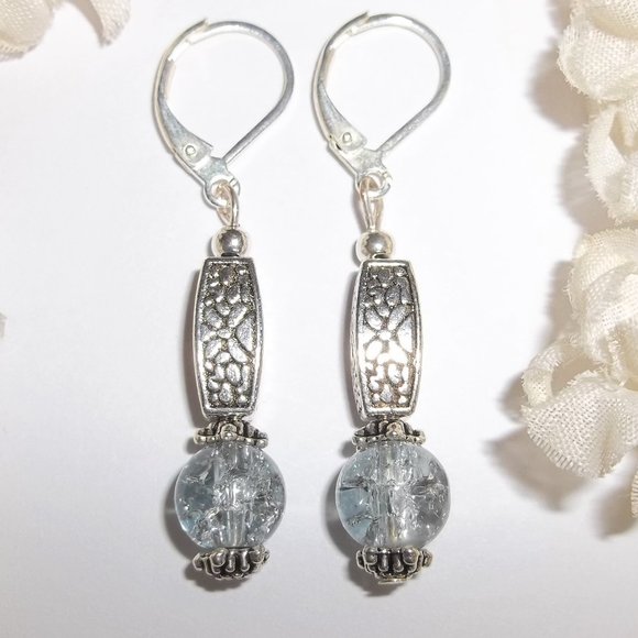 Silver And Blue Beaded Drop Earrings Set Dangle Handmade Lever Back NWT A606 - Picture 1 of 7